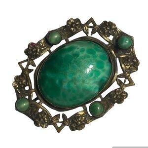 Green Czech Glass Cabochon Quartz Brooch